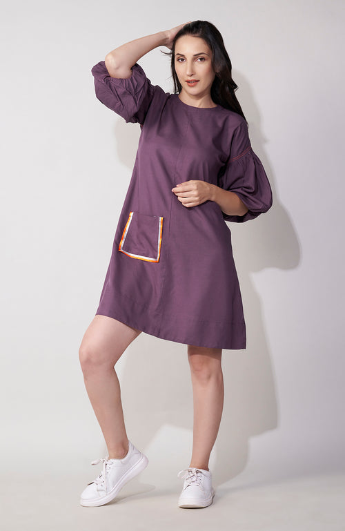 Purple Satin Highlight Balloon Sleeve Mini Dress