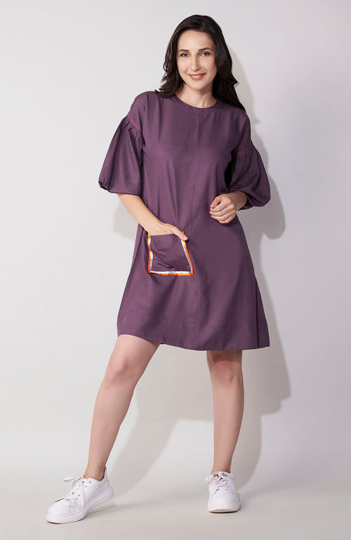 Purple Satin Highlight Balloon Sleeve Mini Dress