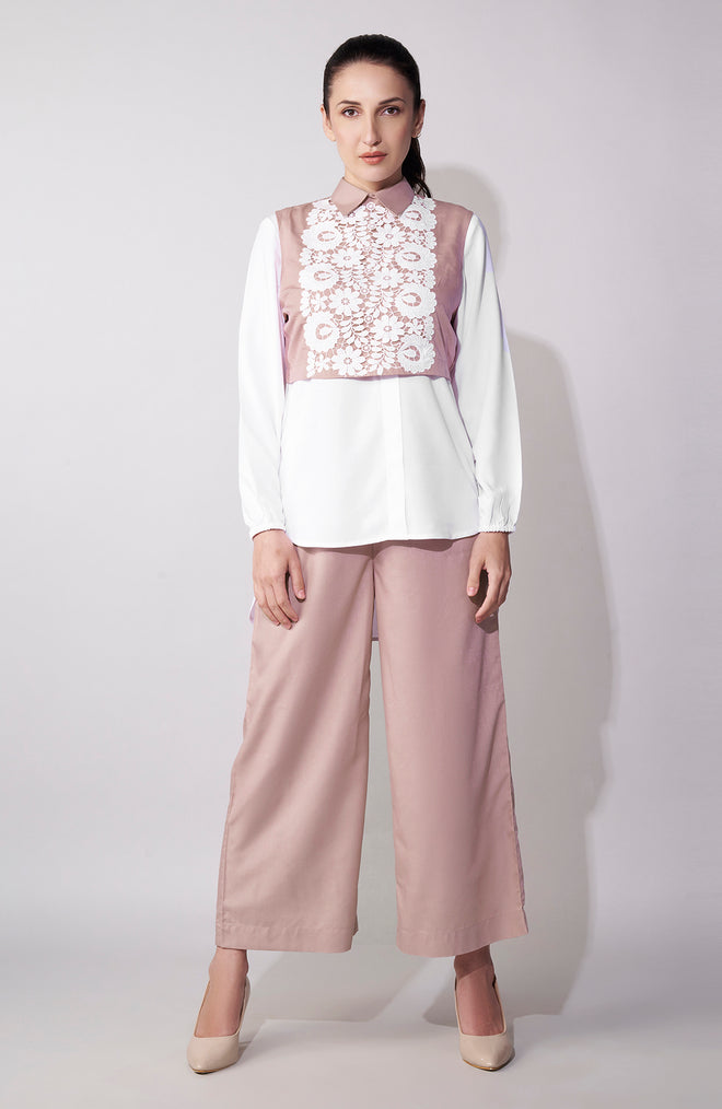 Pink-White Cutwork Embroidered Cropped Palazzo Set
