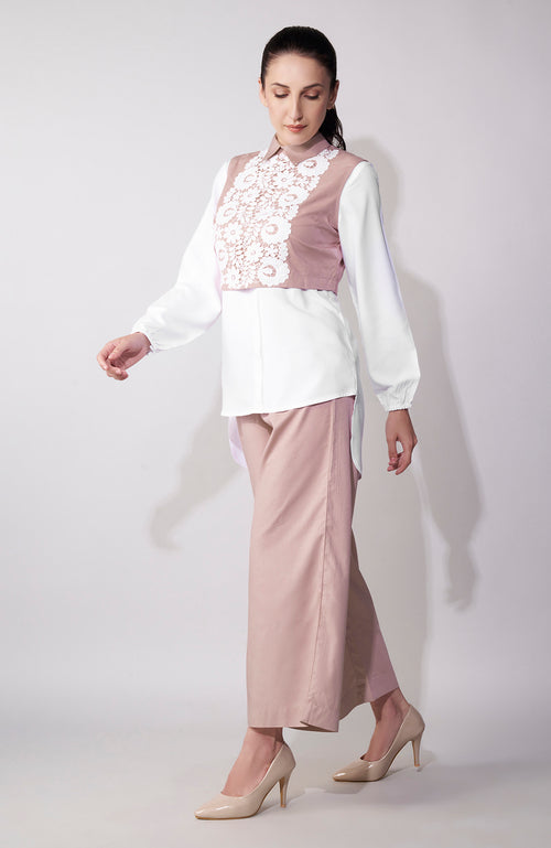 Pink-White Cutwork Embroidered Cropped Palazzo Set