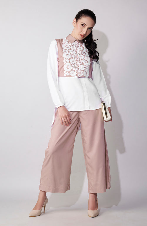 Pink-White Cutwork Embroidered Cropped Palazzo Set