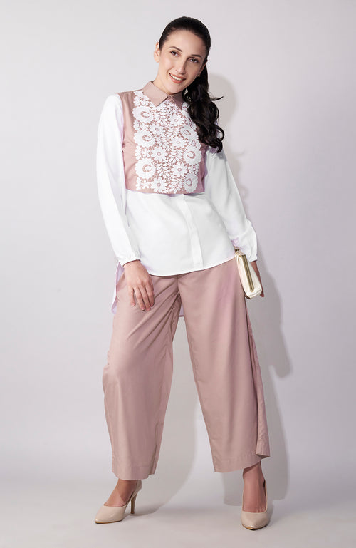 Pink-White Cutwork Embroidered Cropped Palazzo Set