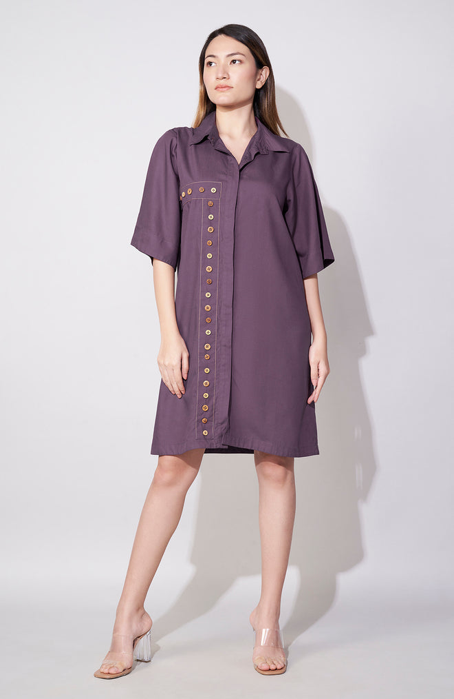 Wooden Button Accent Mini Shirt Dress