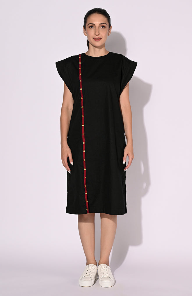 Sophisticated Black piping with Button Dress