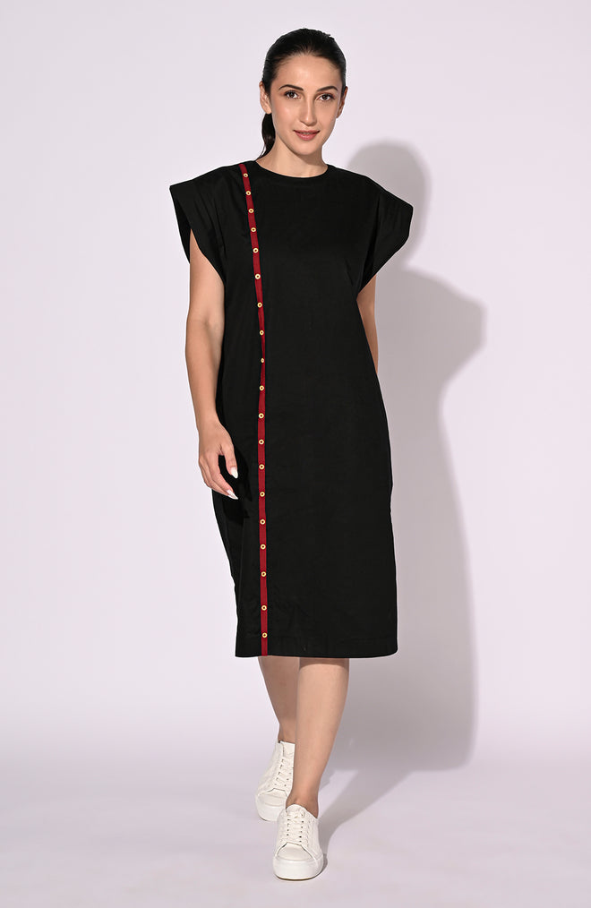Sophisticated Black piping with Button Dress
