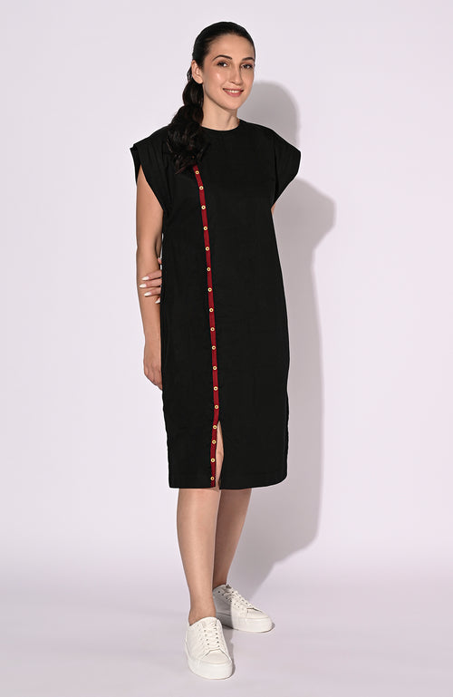 Sophisticated Black piping with Button Dress