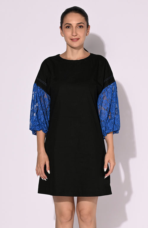 Chic Black Short Dress with Blue Lace Sleeves