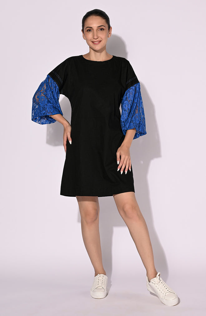 Chic Black Short Dress with Blue Lace Sleeves