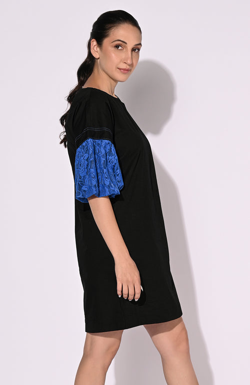 Chic Black Short Dress with Blue Lace Sleeves