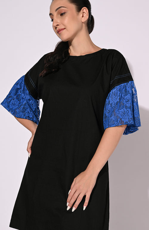 Chic Black Short Dress with Blue Lace Sleeves