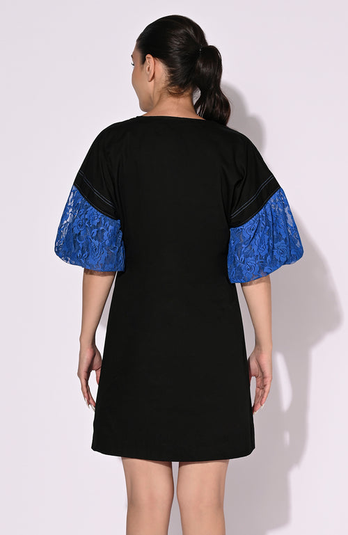 Chic Black Short Dress with Blue Lace Sleeves