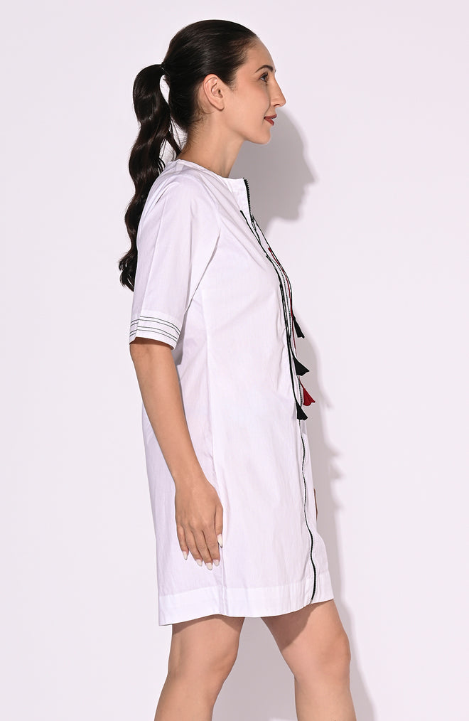 White Tassel Detail Short Dress