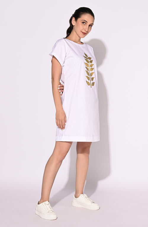 White Hand Painted Gold Short Dress