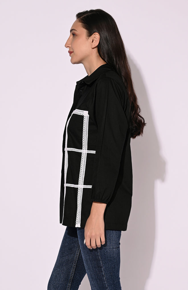 Black Lace Accent Cotton Shirt