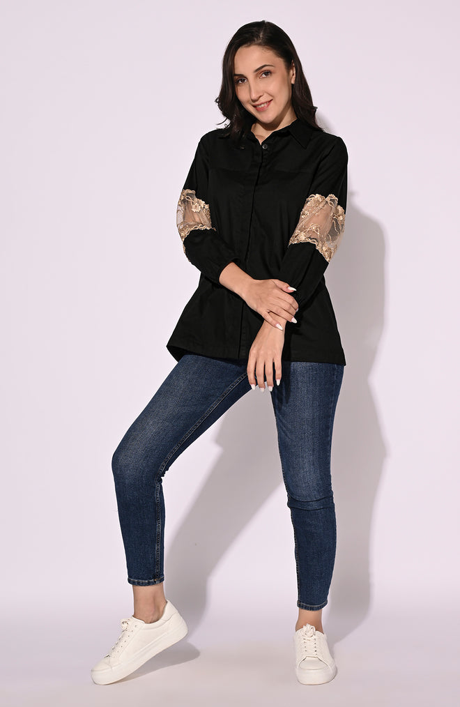 Black Lace Highlight Cotton Shirt